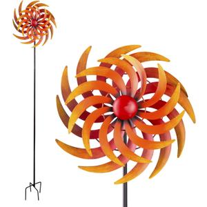 Alpine Corporation 75" Tall Outdoor Dual Metal Rustic Garden Kinetic Wind Spinner Stake, Red and Orange