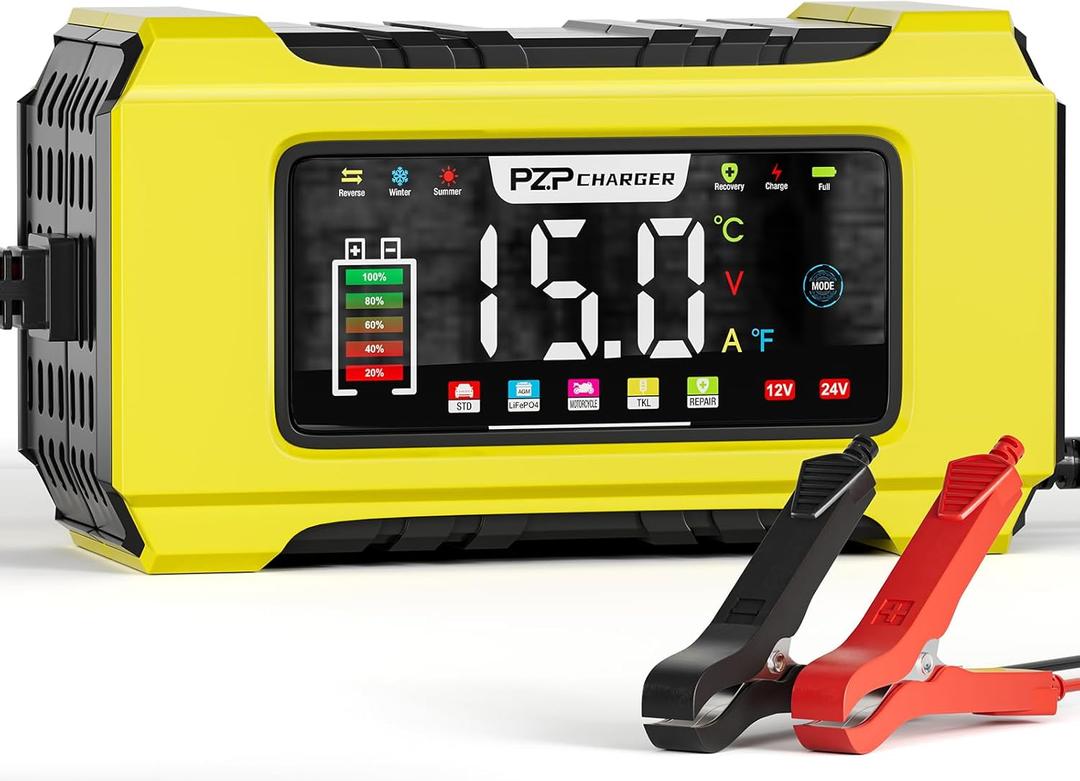 PZP 15-Amp 12V/24V Smart Battery Charger, Maintainer & Trickle Charger for LiFePO4, Lead Acid Batteries - Fully Automatic 9-Stage Charging w/Temp Compensation for Motorcycle Car Truck Lawnmower Boat