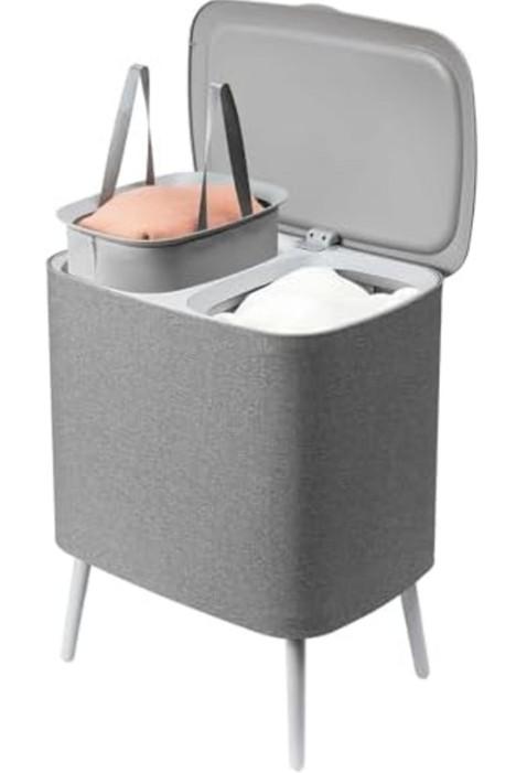 THEVryndlyx Large Collapsible Laundry Basket: with Handles & Legs – Heavy Duty Foldable Laundry Hamper 2-Section Organizer Tall Dirty Clothes Basket for Home Dorm Laundry Baskets (GREY, 60L)
