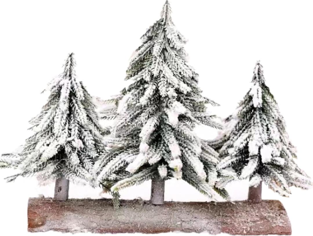 alfyng Mini Tabletop Christmas Tree, 3 pcs Connected Artificial Snow Frost Flocked Xmas Tree, 10.6Inch Miniature Pine Desktop Christmas Xmas Tree with Wooden Base for Dining Table Home Christmas Dcor