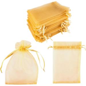 Super Z Outlet 100 Pack 4x6 Inch Mini Sheer Drawstring Organza Transparent Bags Jewelry Sack Pouches for Wedding, Party Decorations, Arts & Crafts Gifts (Gold)