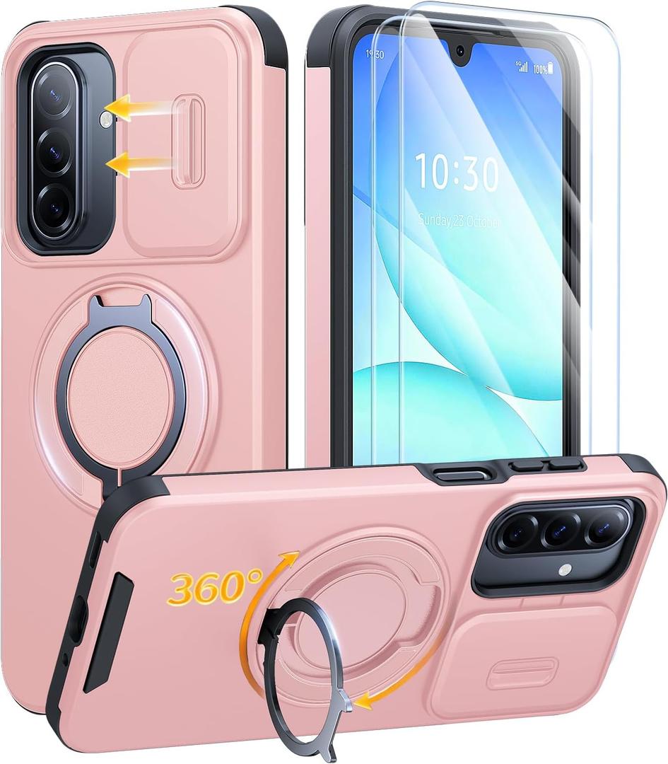 JAME for Samsung Galaxy A17/A16 5G Case, Ring Holder Stand, Slide Camera Cover, 2 Pack Screen Protectors, Dual-Layer Shockproof Protective, Magnetic Accessory Friendly Galaxy A16/A17 4G Case, Pink