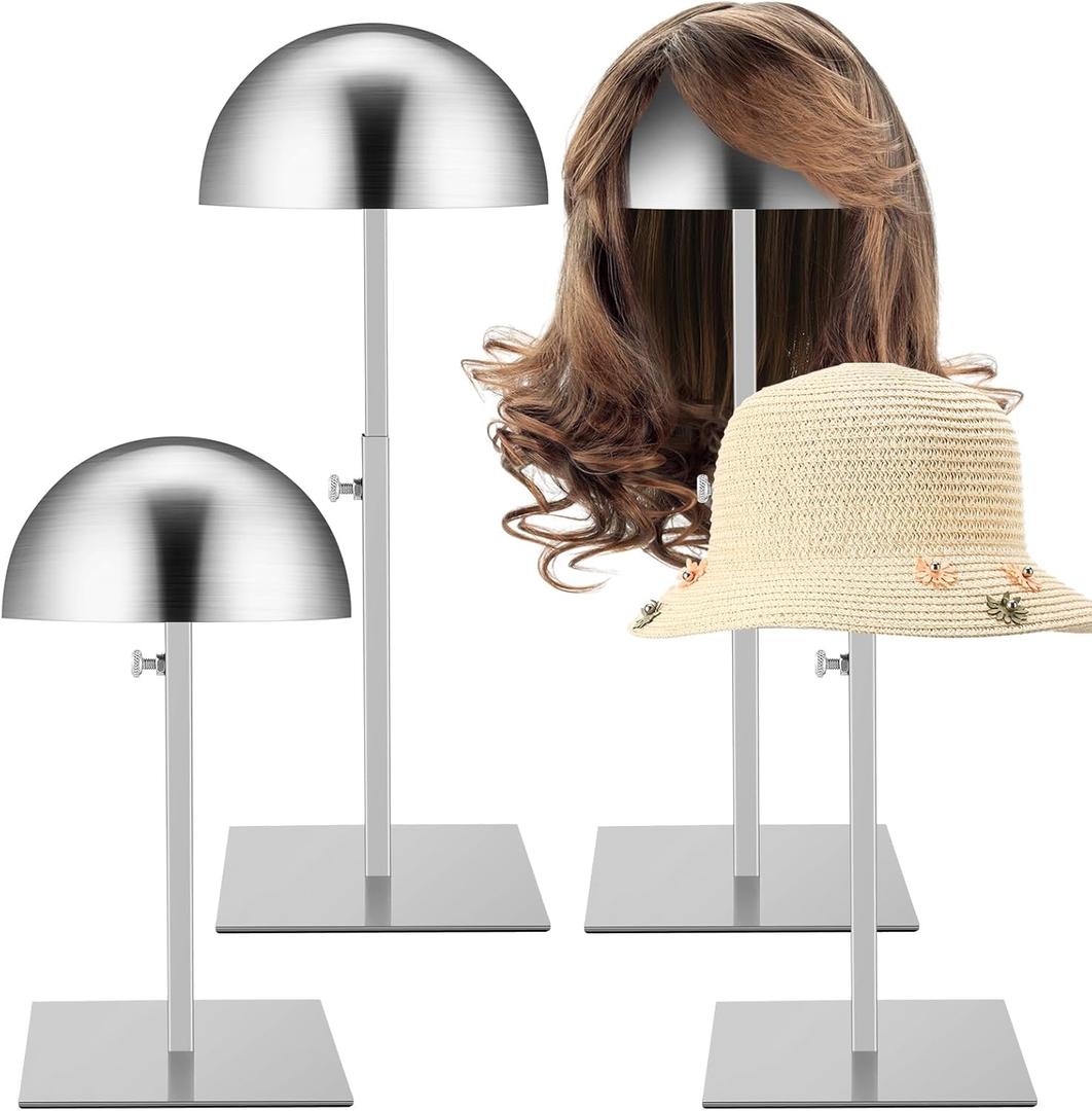 Sintuff 4 Pcs Hat Display Stand:adjustable 7.915.7inch Wigs Head Holder Stand Non Slip Stainless Steel Metal Rack for Multiple Hats Wig Storage Styling Practice(Silver,Square Base)