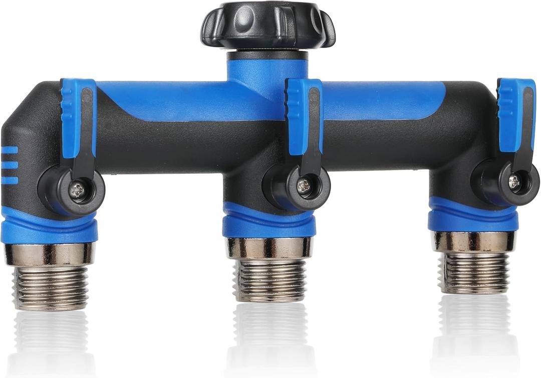 Garden Hose Splitter, 3 Way Water hose bib Spigot splitter, T Hose Connector- with Shutoff Valves Water AdapterOutdoor Faucet Splitter 3/4" GHT Thread For Home Outdoor Garden irrigation, Blue 