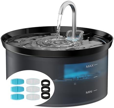 Cat Water Fountain + 6Filters + 3 Sponges: 87Oz Pet Fountain 24/7 Running Water Fresh Help Pets Drink More Water Activated Carbon Filter 5V Ultra Silent Pump Increase Drinking Area