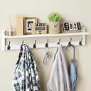 BAMEOS 35" L Wall Hooks with Shelf, Entryway Coat Hooks, Wood Wall Hanging Shelf, Wall-Mounted Coat Rack with 7 Dual Metal Hooks for Bathroom, Kitchen, Living Room, Bedroom (White)