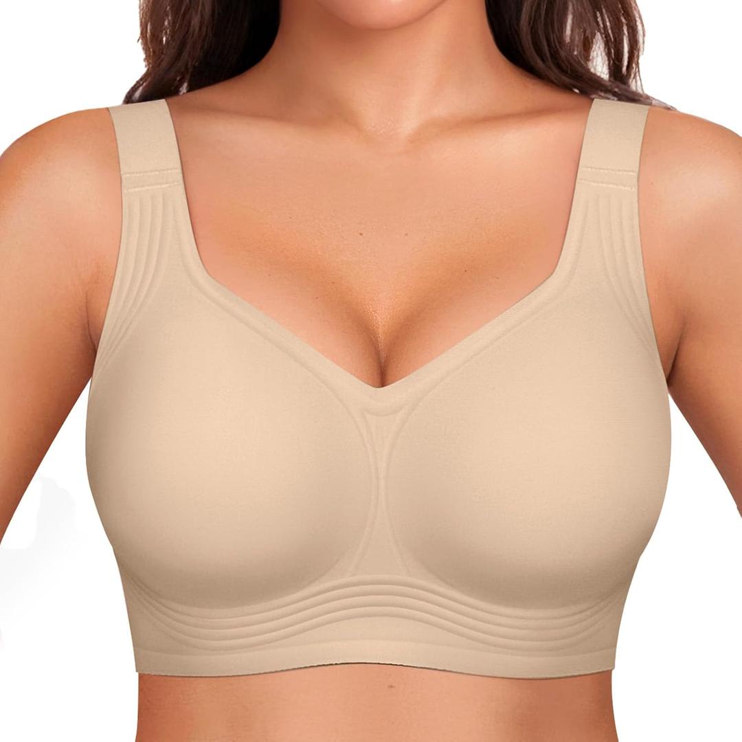 OEAK Womens Wireless Jelly Bra Plus Size Supportive Seamless Bras Full Coverage Push Up Comfortable No Underwire Tshirt Bras (X-Large, Creamy Beige)