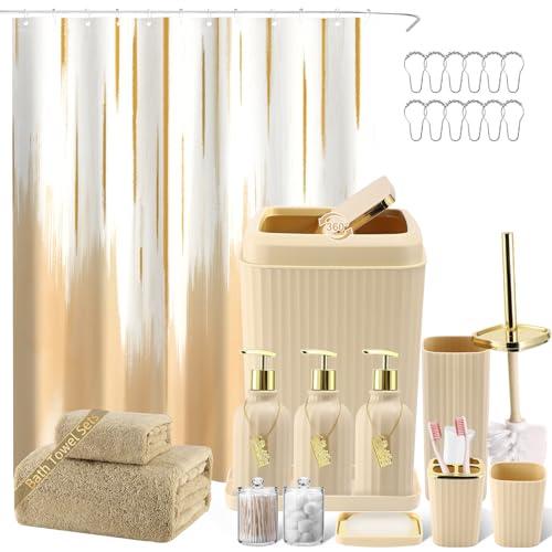 WSBArt 32PCS Bathroom Accessory Set Bathroom Accessories Set Beige Bathroom Set, Shower Curtain Set, 2 Piece Bath Towel Set, 3PC Soap Dispenser, Toilet Brush & Trash Can