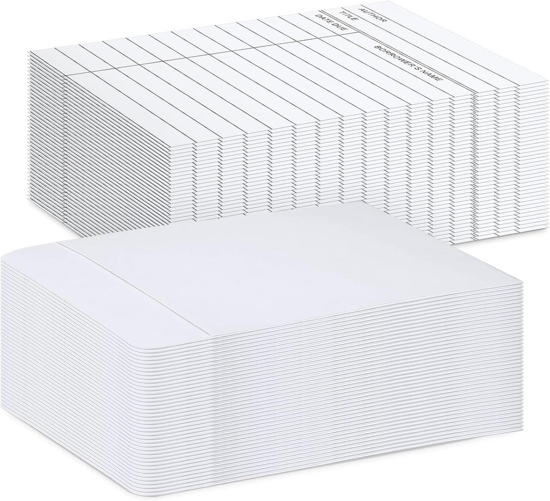 Fainne 100 Pieces Library Card Pocket with Envelopes Self Adhesive Book Library Checkout Cards for Cds Dvds School Classroom Office Supplies and Gift Tag(White)