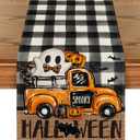 Artoid Mode Buffalo Plaid Bat Pumpkin Ghost Truck Spooky Halloween Table Runner, Sensonal Kitchen Dining Table Decoration for Home Party Decor 13x36 Inch (Black/Beige)