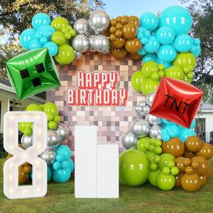 ECEAE 127Pcs Video Game Balloon Arch Garland Kit with Green Teal Blue Brown Metallic Silver Balloons, for Gaming Theme Party Decor, Birthday Party Supplies, Kids' Party Crafts and Decorations