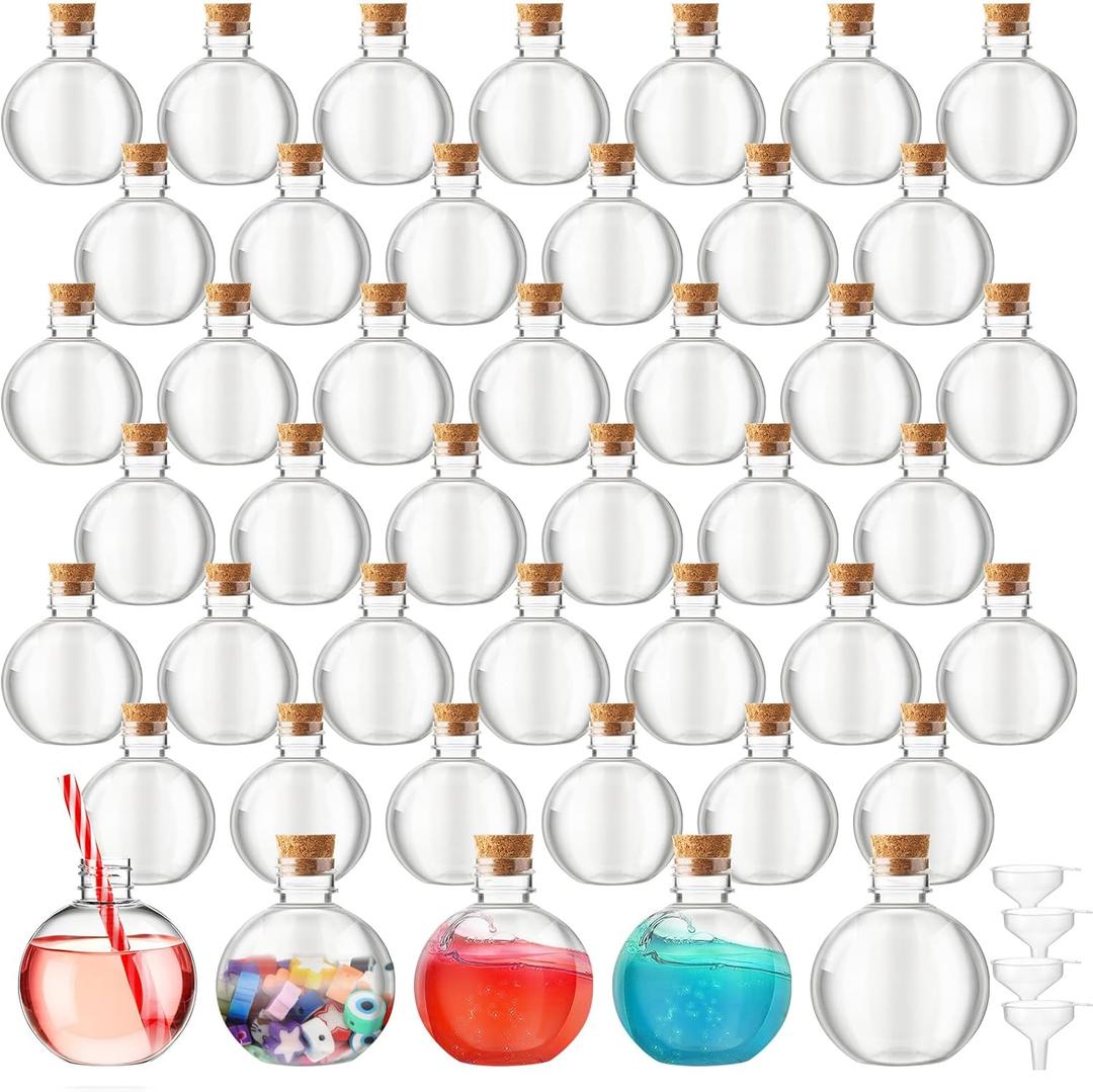 Layhit 50 Pack 6 oz Spherical Plastic Potion Bottles with Corks and Funnels Ball Shape Sand Art Bottles Cocktail Ornament for DIY Wedding Valentines Party Gift Crafts Decoration(Wood Color)