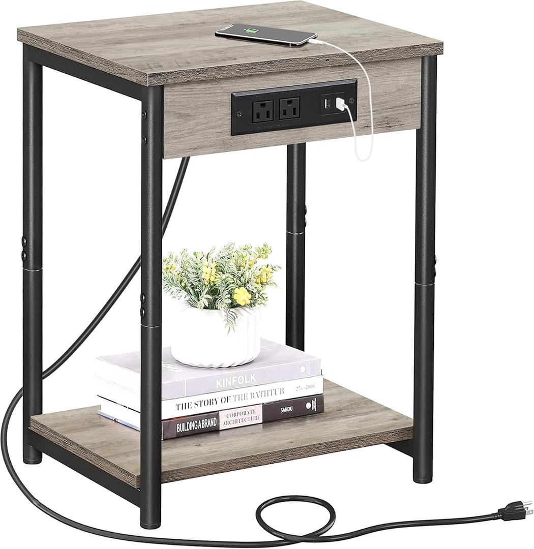 TUTOTAK End Table with Charging Station, Side Table with 2 USB Ports and 2 Outlets, 21.8H 2-Tier Nightstand with Storage Shelf, Sofa Table TB01BG025 (1 pc) (Greige)