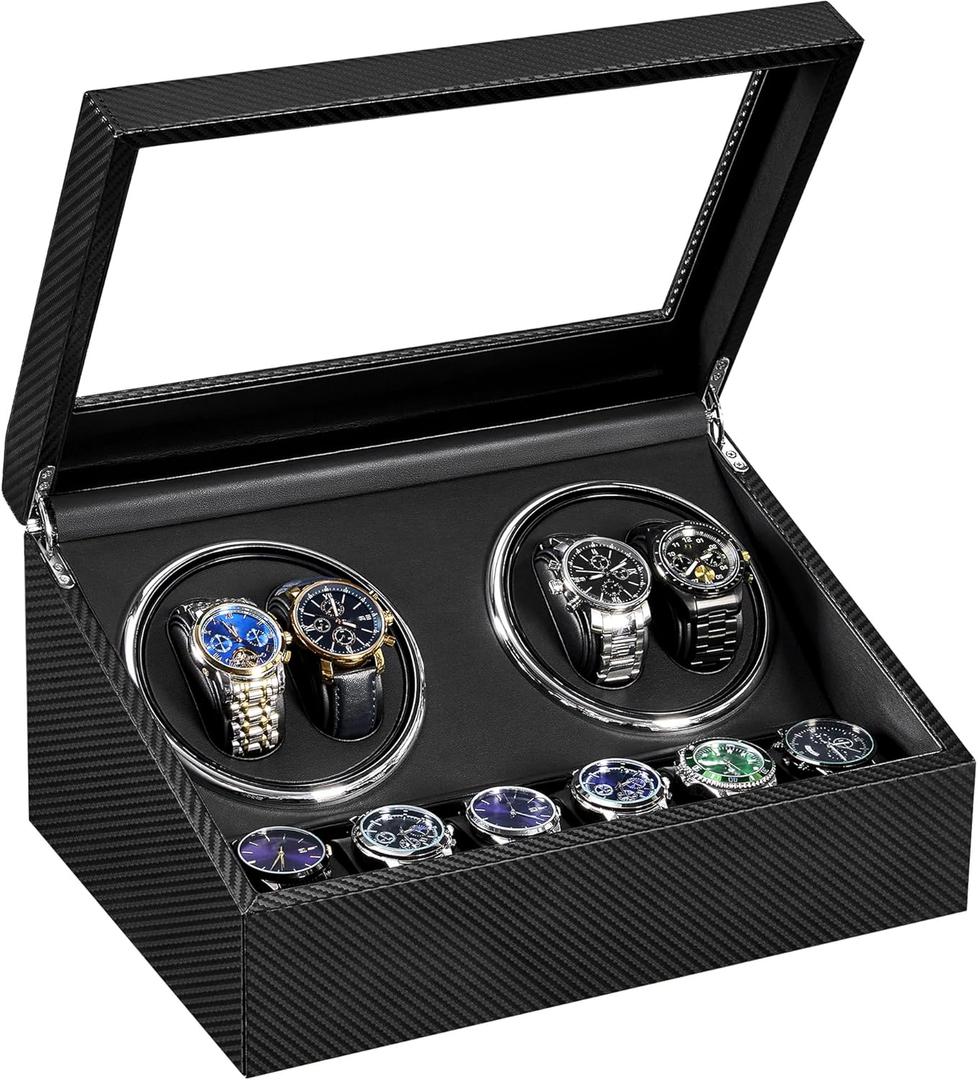 ANWBROAD Watch Winders for Automatic Watches, Automatic Watch Winder with 4 Watch Rotator and 6 Extra Storages, 4 Watch Winder with Japanese Quiet Motor, Carbon Fiber Watch Winder,UJWW012C