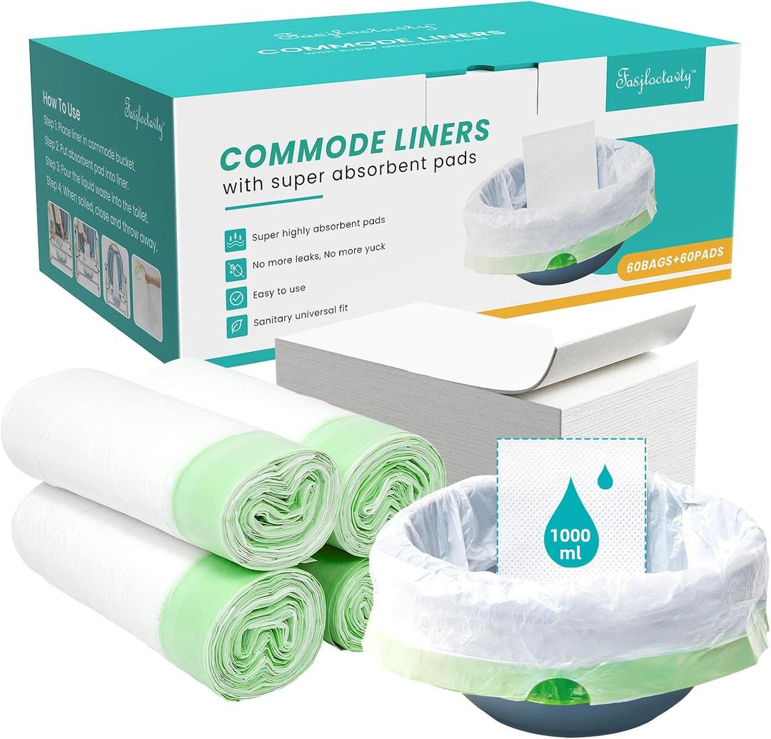 60 Pack Commode Liners with 60 Super Absorbent Pads, Disposable Leakproof Bedside Commode Bags, Universal Fit for Standard Toilet Chair Buckets(60 Bags+60 Pads) (60PACK)