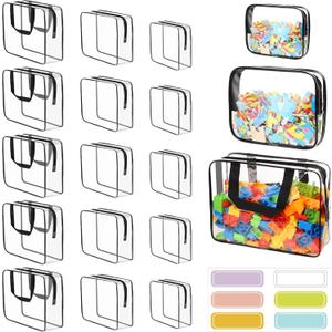 18 Packs Toy Storage Bags with Labels, Clear PVC Puzzle Storage Bags, Waterproof Travel Toy Organizer Bags with Zipper for Building Blocks Kids Books (3 Size)