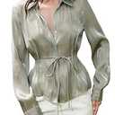 SOLY HUX Women's Button Down Chiffon Shirt Long Sleeve Belted Elegant Blouse Top Office Outfit Plain Green Large