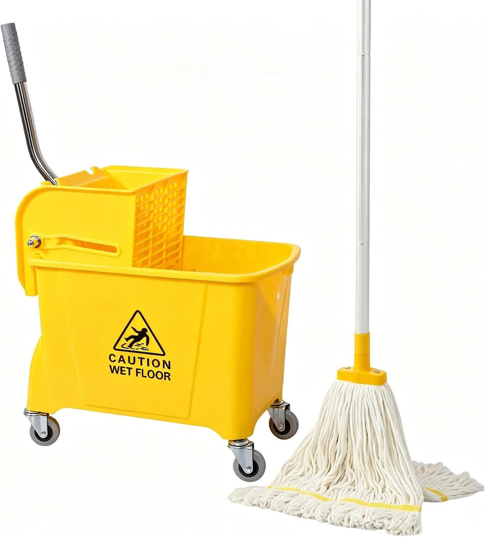 22-Qt (5.5 Gallon) Mop Bucket with Wringer on Wheels,Cotton Mop Included