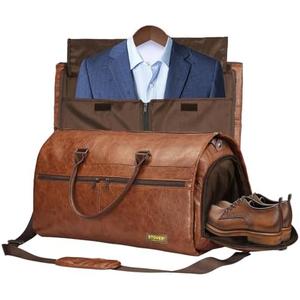 STOVER Garment Travel Duffle Bag, Large 2-in-1 Convertible Carry-on Luggage for Men & Women- Hanging Suits, Dresses & Clothes + Shoe Compartment- Weekender Tote Combo Duffel (Brown Leatherette)