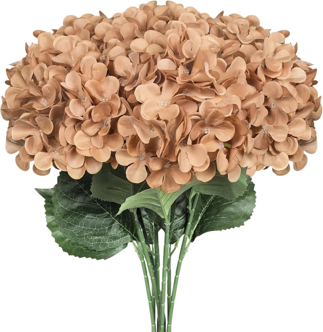 6 PCS Artificial Hydrangea Flowers, Faux Silk Hydrangea with Long Stems, Home Wedding Decor, Table Centerpieces, Party Decorations(Caramel)