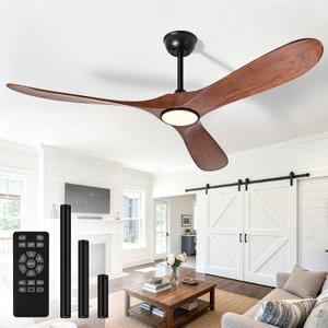 52'' Ceiling Fans with Lights and Remote, Wood Outdoor Ceiling Fan with 6 Speed Noiseless DC Motor, Indoor Modern 3 Blade Propeller Ceiling Fan for Bedroom Living Room Gazebo Patio (Walnut), 52in