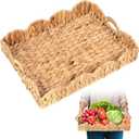 Scalloped Water Hyacinth Tray, Hand-Woven Wicker Storage Baskets with Scalloped Edge and Handles (17x13x3in) Rectangular Handwoven Trays, Water Hyacinth Basket for with Built-in Handles (Light Brown)