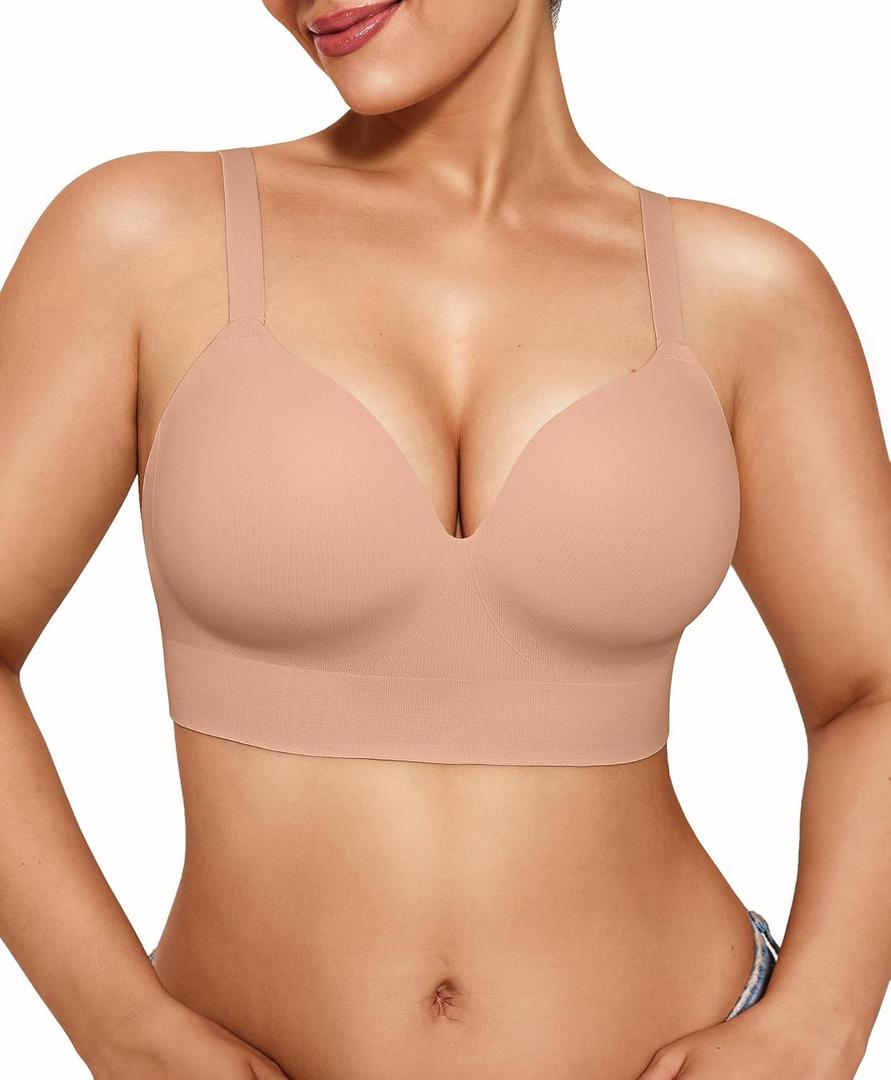 Popilush Bras for Women No Underwire Supportive Push Up Bralettes Wireless Full Coverage Plus Size T-Shirt Bra (Small, Dark Skin)