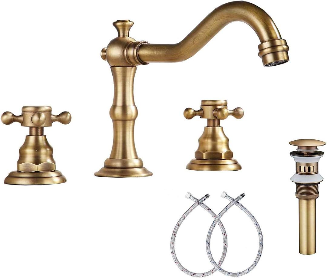 8 inch 2 Handles 3 Holes Widespread Bathroom Sink Faucet Antique Brass Bathroom Vanity Faucet Basin Mixer Tap Faucet Matching Metal Pop Up Drain with Overflow