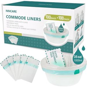 Commode Liners with Absorbent PadsValue Pack 100 Count Universal FitDisposable Bedside Commode Liners and Pads for Adult Portable Toilet (100Bags + 100Pads)
