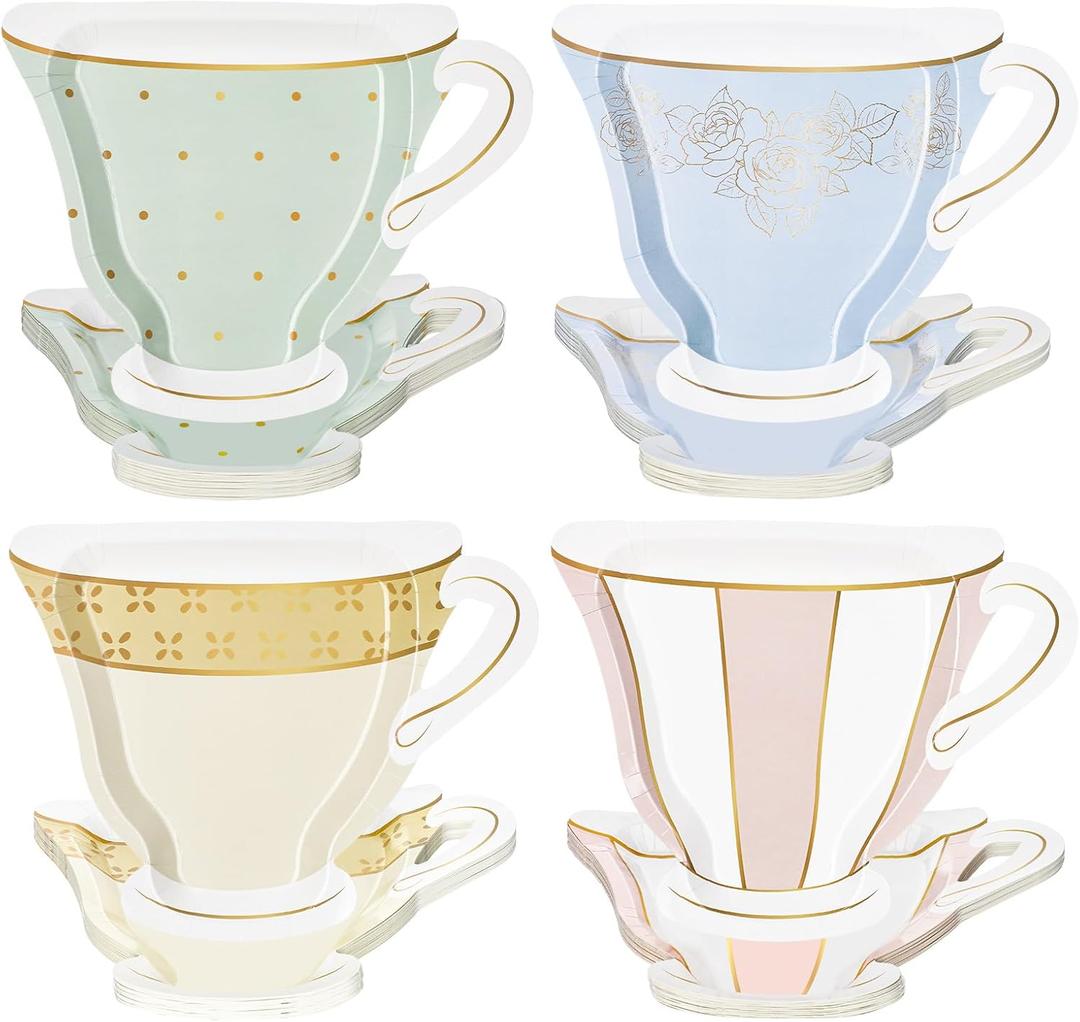 Havawish 60 Pcs Tea Cup Shaped Plates Wonderland Decorations Tea Party Disposable Paper Plates Dinnerware Supplies for Garden Party Birthday Wedding Baby Bridal Shower