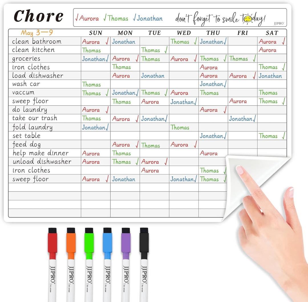 JJPRO Chore Chart Whiteboard Clings to All Smooth Surfaces.Non-Magnetic Dry Erase Chore Chart Sticks to Stainless Steel Fridge, Cabinet, Door and Glass