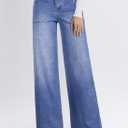 Astylish Women's High Waisted Wide Leg Jeans Stretch Denim Pants with Front Patch Pockets (Blue, L)