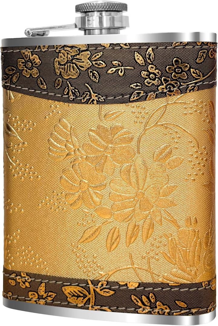 8oz Women's Flasks for Liquor  Vintage Stainless Steel Hip Flask, Portable Leak-Proof Pocket Flask, Classic Golden Design for Whiskey & Liquor  Ideal for Camping & Groomsmen Gifts