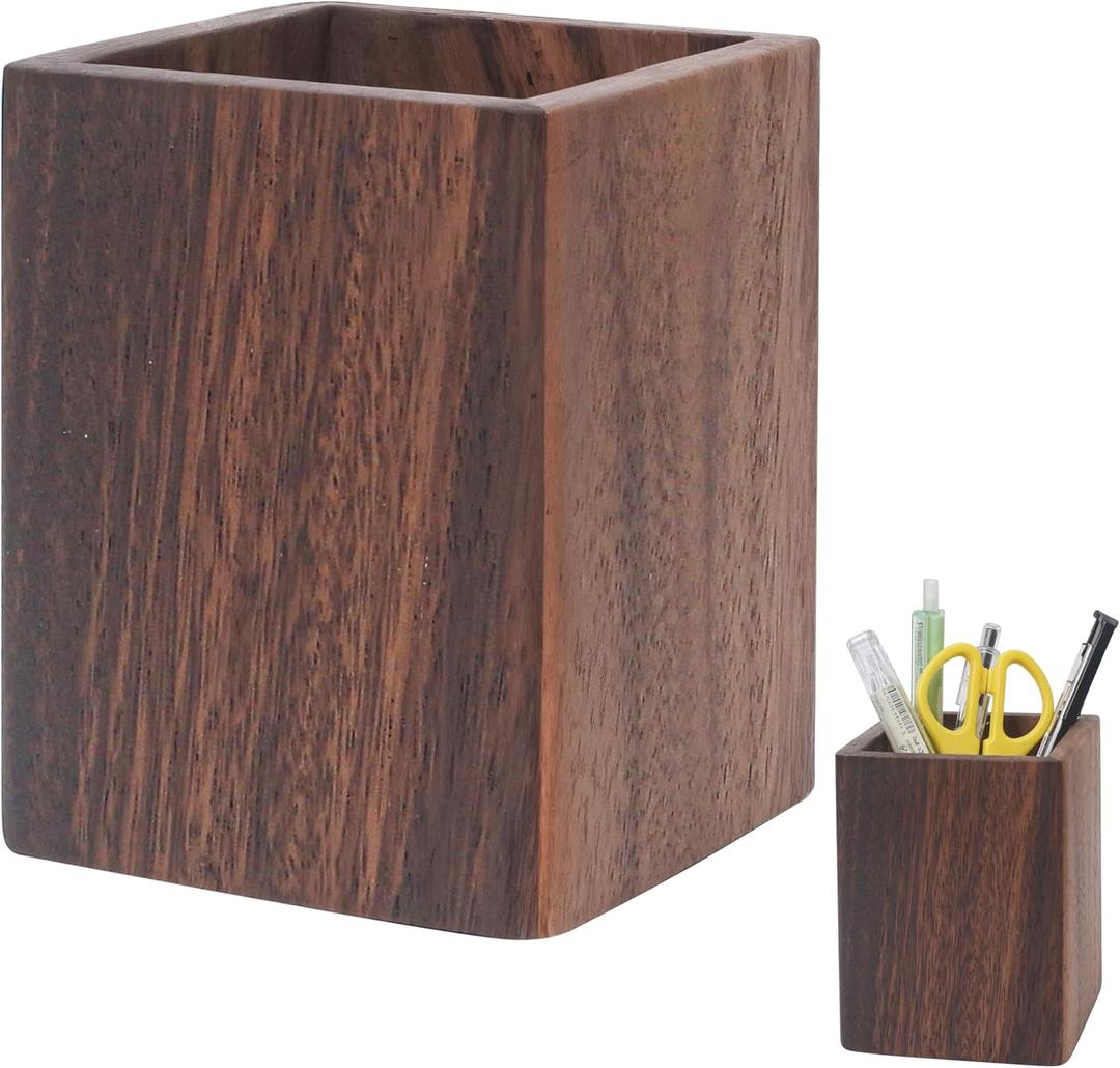 Wooden Pencil Holder for Desk, Wood Pen Black Walnut Cup Holder Square Handwork Natural Organizer Simple Stand for Pencils Make up Brushes Stationery Desks Offices Desk Desktop Decoration (Brown)