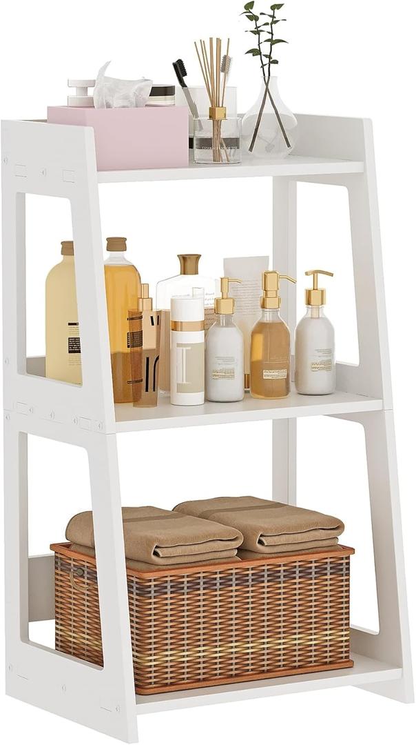 3-Tier Bathroom Ladder Shelf Freestanding, White Floor Shelves Open Shelving Unit, Small Bookshelf Nightstand for Home Study Laundry Room (11.8" D x 15.7" W x 27.6" H)