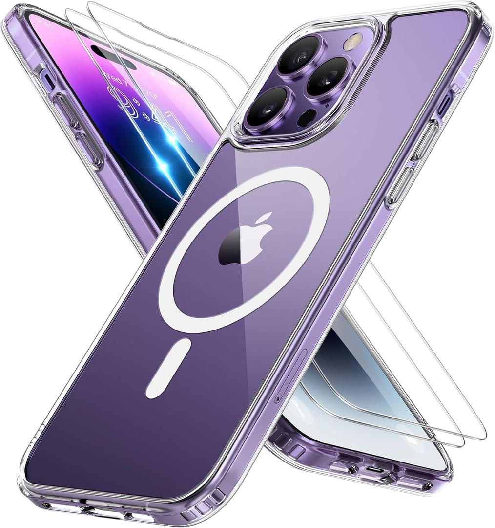 Miracase Magnetic for iPhone 14 Pro Case 6.1 inch (Compatible with MagSafe)with 2X Screen Protectors Military-Grade Protection, Anti-Fingerprint Translucent Matte Phone Case Cover, Clear