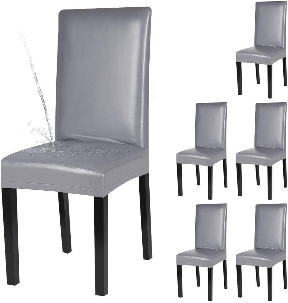 Dining Chair Covers, Solid Pu Leather Waterproof and Oilproof Stretch Dining Chair Protector Cover Slipcover (Pure Grey, 6 Pack)