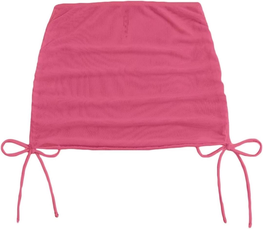 Women's Mesh Sheer Drawstring Solid Summer Bikini Cover Up Skirt (Medium, Pink)