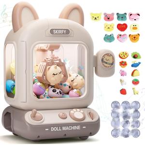 Skirfy Mini Claw Machine for Kids,Vending Machine, Prize Dispenser Toys for Girls and Boys, Electronic Game for Party Birthdays Includes 32 Mini Toys(Brown)