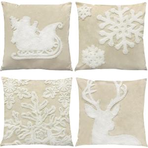 WOMHOPE Christmas Throw Pillow Covers Velvet Embroidery Vintage Cushion Covers for Decoration Sofa Couch Bed Santa Deer Snowflake Set of 4 (Griege)