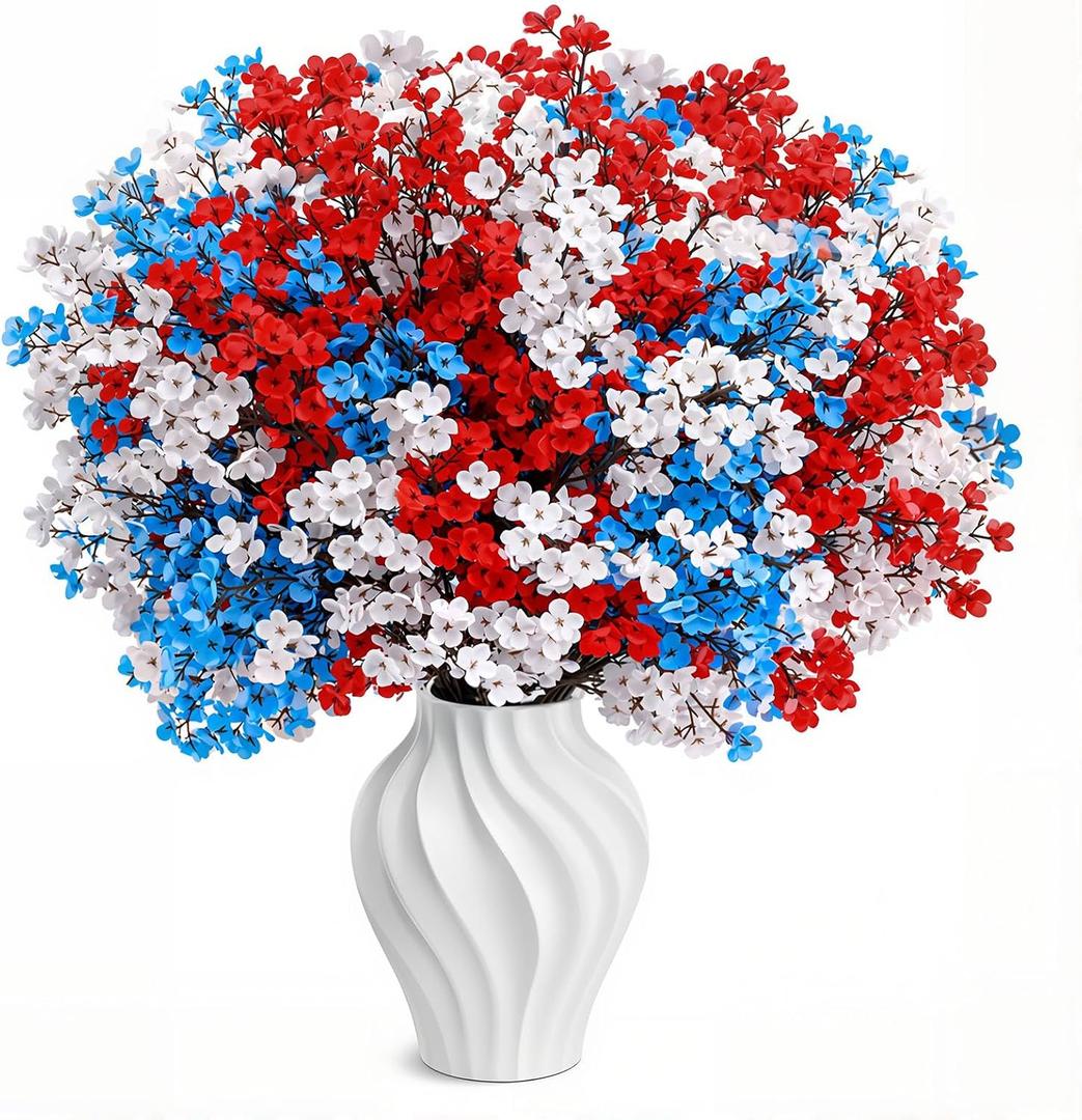 4th of July Decor Artificial Flowers Indoor 15PCS Babys Breath Flowers Fake Silk Patriotic Flowers for Independence Day Home Vase Table Centerpieces(15, Red, White and Blue)