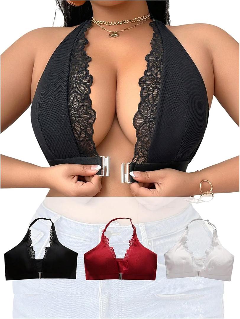 SOLY HUX Plus Size Bras for Women 3 Piece Front Closure Lace Halter Wireless Bra Comfort Everyday Bralette (XX-Large Plus)