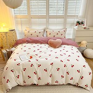 BlueBlue Cherry Kids Duvet Cover Set Twin 100% Cotton Bedding for Boys Girls Teens Cartoon Cute Red Cherries Pattern on White 1 Fruit Comforter Cover 2 Pillowcase (Twin)