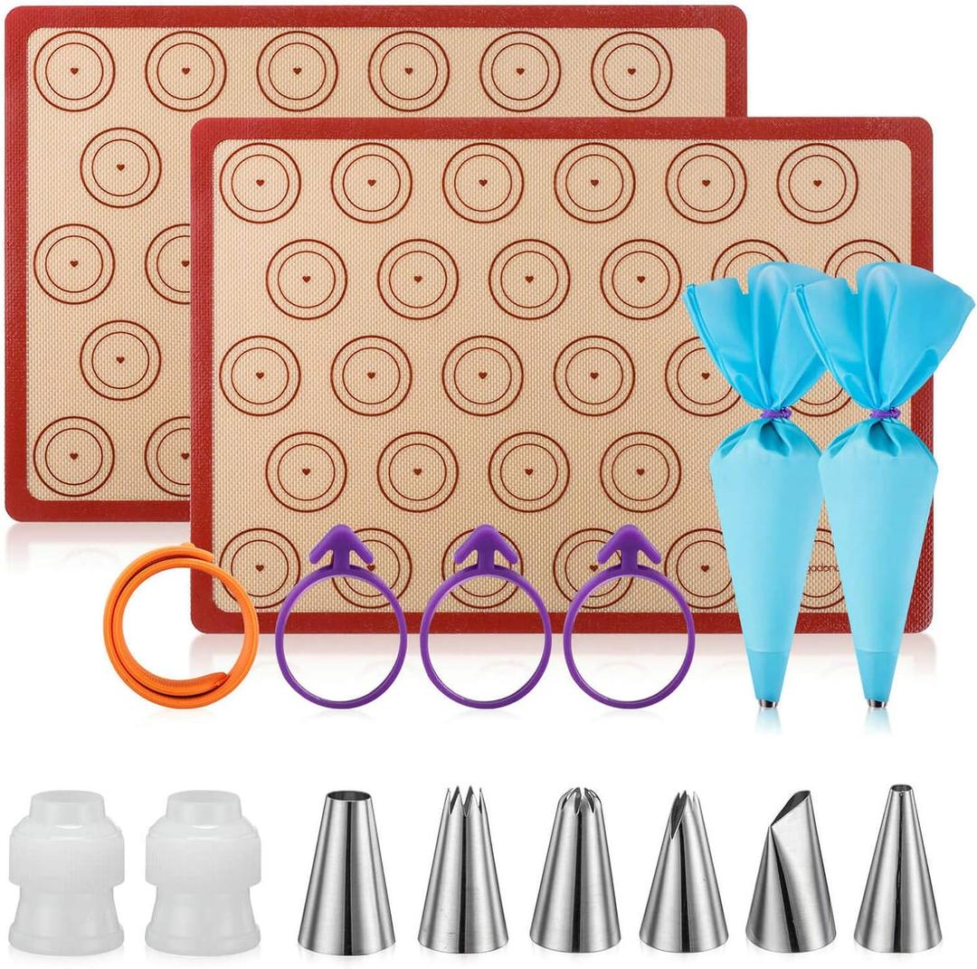 Angadona Macaron Silicone Baking Mats Kit (16pcs set) Macaroon Baking Mat Set of 2 Half Sheet Macaron Silicone Mat Nonstick Macaron Mat Sheet,6 Piping Tip,2 Piping Bag with 3 Bag Tie,2 Coupler