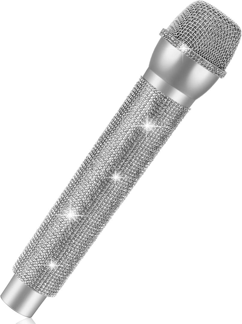 Sanwuta Bling Microphone Prop, Rhinestone Fake Microphone, Sparkly Glitter Toy Mic for Lip Sync, Disco Party Favors, Stage Performance, Christmas Halloween Cosplay Accessories(Silver)