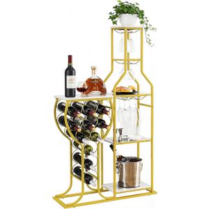 5-Tier Wine Rack Freestanding Floor, 11 Bottles Modern Wooden Wine Holder-Storage Cabinet for Home Bar, Kitchen, Dining Room Space Saving Bar Stand with Easy Assembly.(Gold/White)