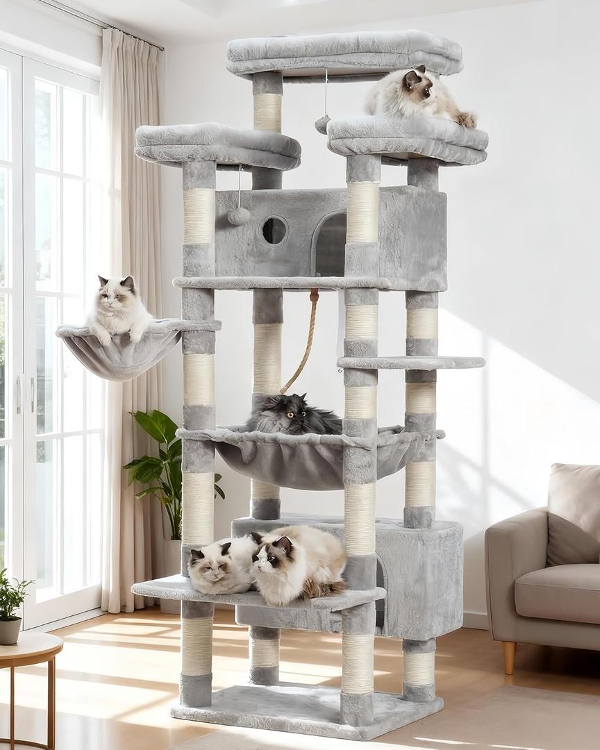 Cat Tree for Indoor Cats Large Adult, 74" Cat Tower with 3 Big Platforms, 2 Baskets, 2 Condos, Multi-Level Cat Scratching Posts, Light Gray GCT030W