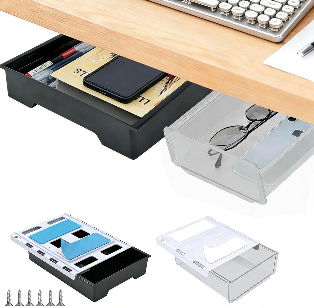 2 Pair Super Capacity 11.85 "x 8.9" Under Desk Drawer Hidden Strorage Drawer Self-Adhesive Slide Out with Smooth Gliding Motion - Attachable & Space-Saving Under Desk Organizer with Screw Kit, Black