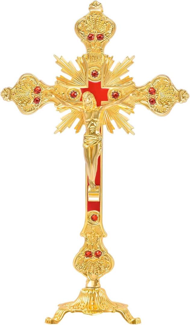 Metal Standing Crucifix  Beautiful Golden Tabletop Catholic Jesus Cross for Home Chapel Decoration and Religious Gifts(Golden-Red)