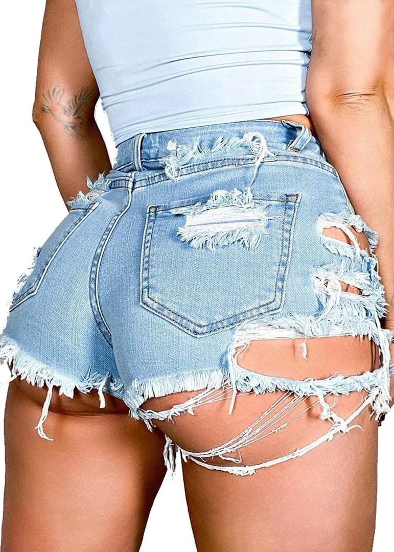 Womens Ripped Jean Shorts Frayed Holes Cute Sexy Hot Shorts (Light Blue,M)